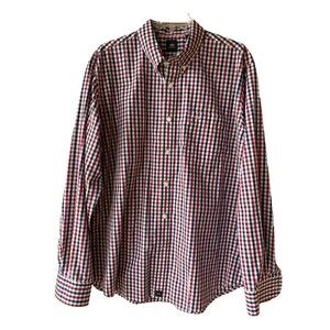 Dockers mens Check Plaid Easy Care Button Down Shirt size Large Red Navy & White